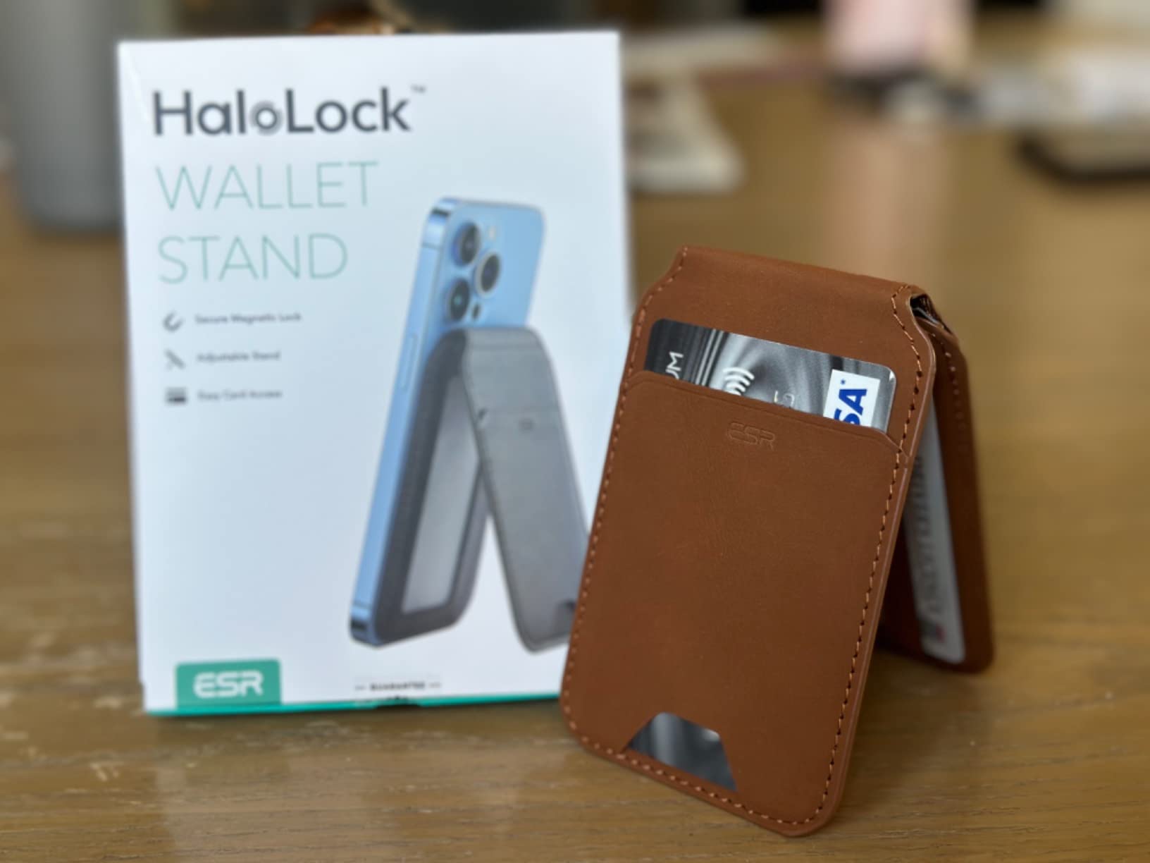 ESR HaloLock Vegan Leather Wallet Stand for iPhone with MagSafe Tan Suede